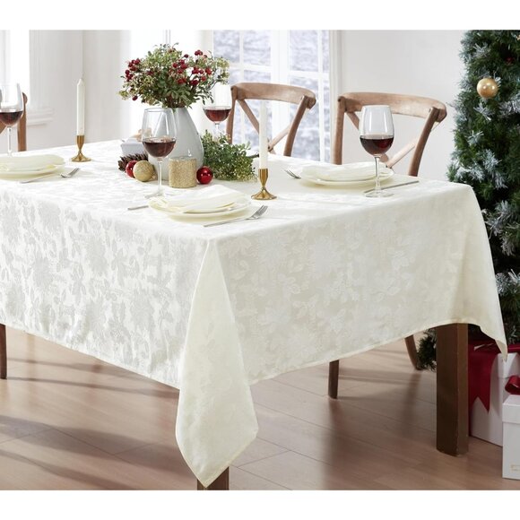Ivory Holiday Tablecloth, 52x70” Damask Weave with Poinsettia Design, Easy Care - Picture 4 of 9